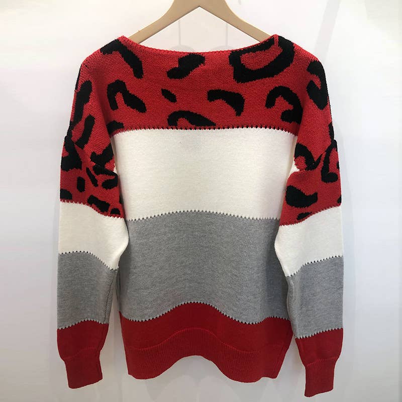COLOR-MATCHING LEOPARD PRINT CREW NECK SWEATER: PINK / (XL) 1