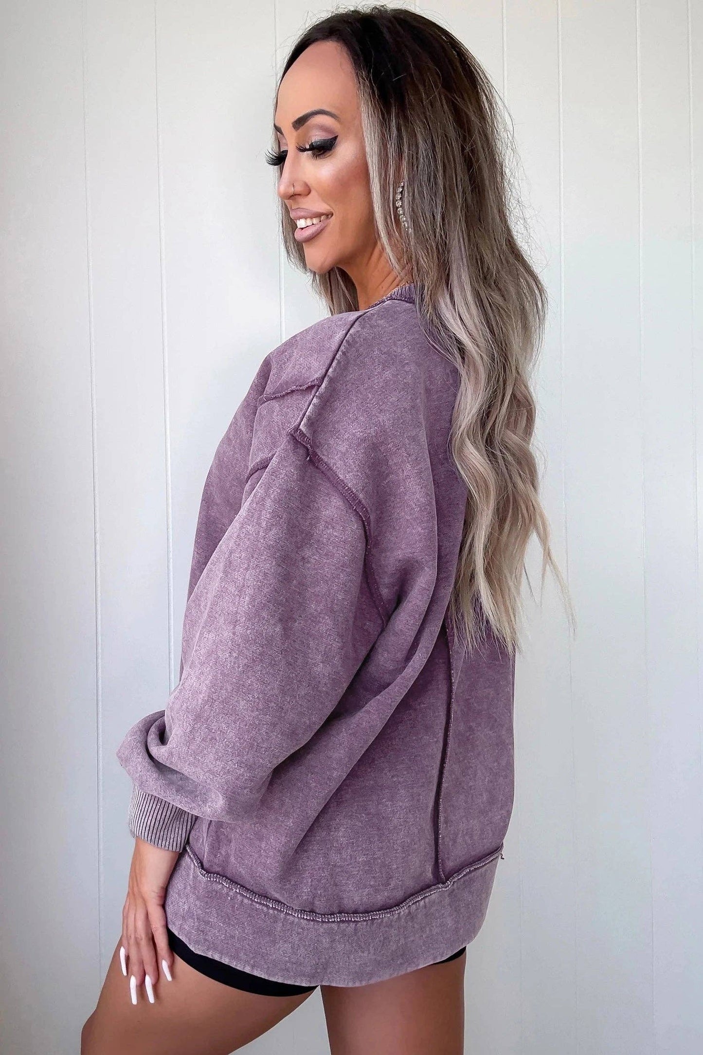 Mineral Wash Exposed Seam Sweatshirt Side Slit Casual Pullover: Red Sandalwood