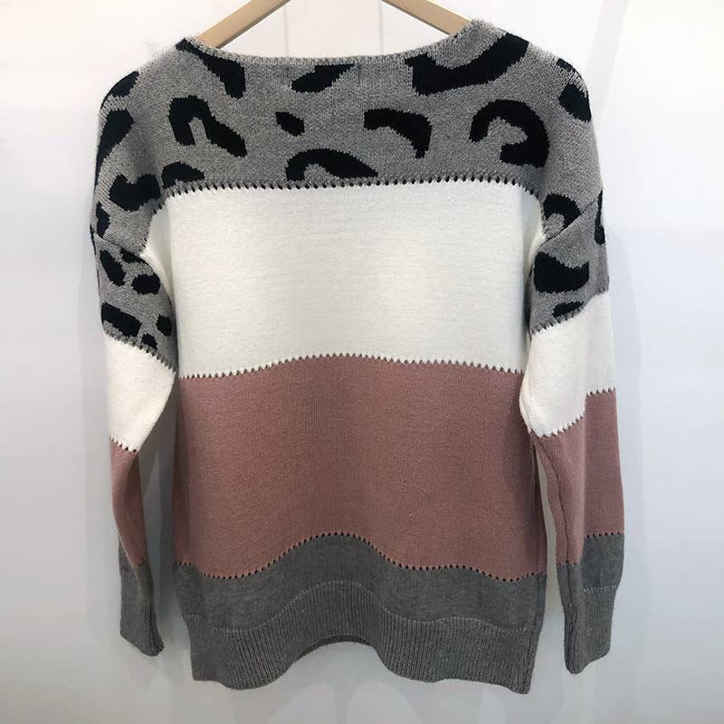 COLOR-MATCHING LEOPARD PRINT CREW NECK SWEATER: PINK / (XL) 1