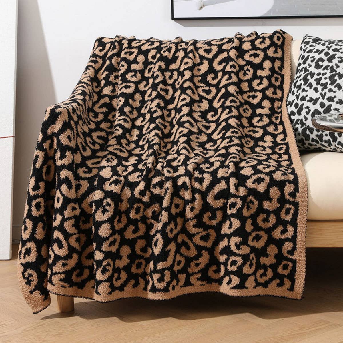 KNITTED LEOPARD PRINT LIGHTWEIGHT SOFA BLANKET_CWMM0213: CAMEL / (130cmX150cm) 1