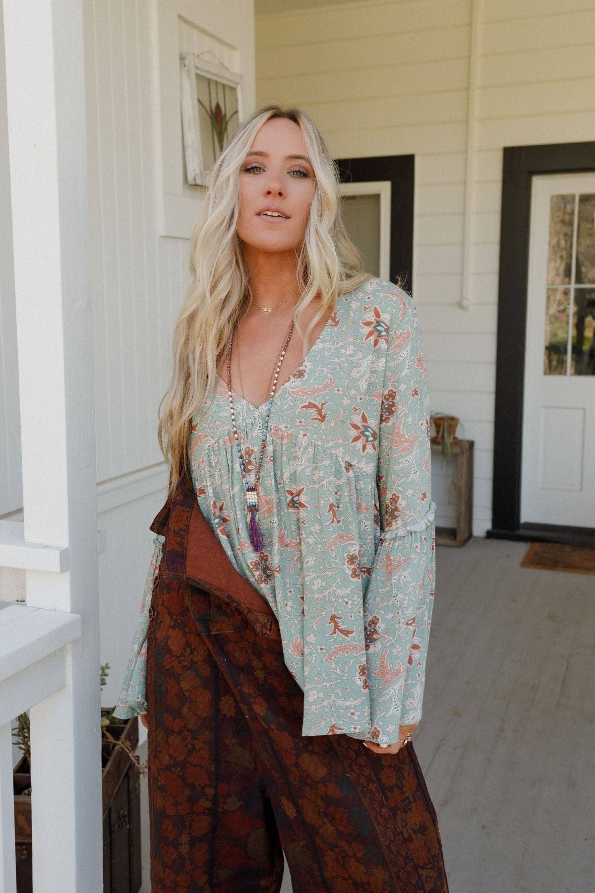 Brea Mixed Print Top - Sage Floral Print: Sage Multi