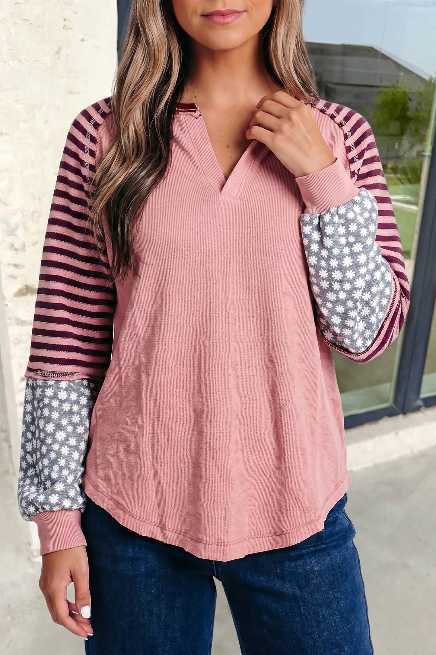 Striped Print Floral Long Sleeve Casual Top