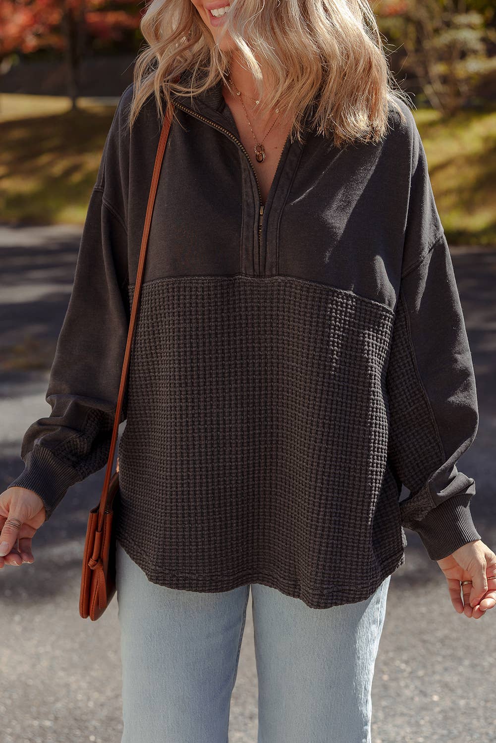 Waffle Textured Patchwork Zip Colloar Sweatshirt