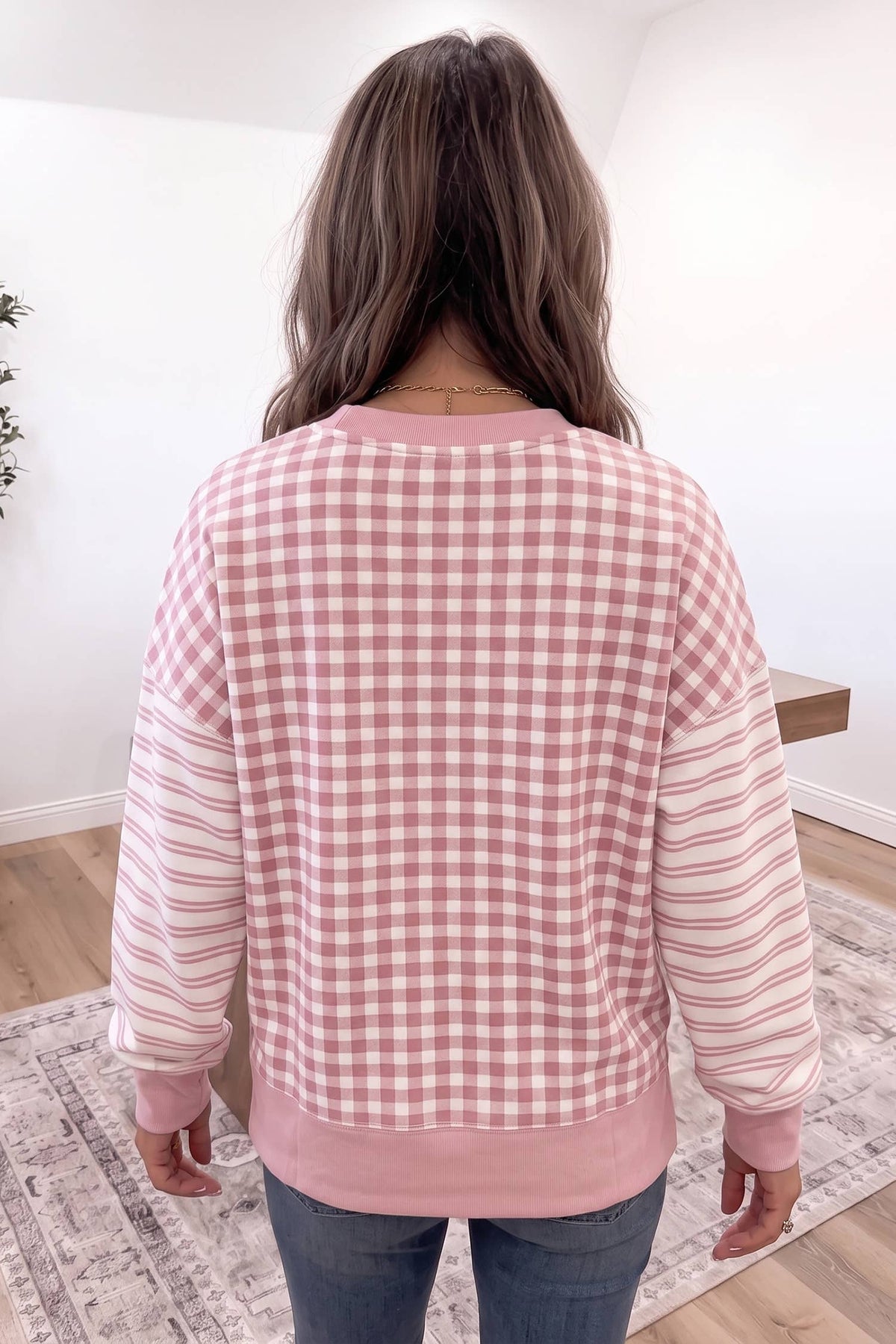 LDC Plaid Striped Patchwork Long Sleeve Casual Top: Brown