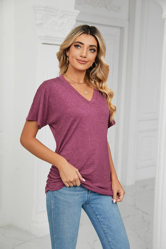 SOLID V NECK SHORT SLEEVE LOOSE TEES