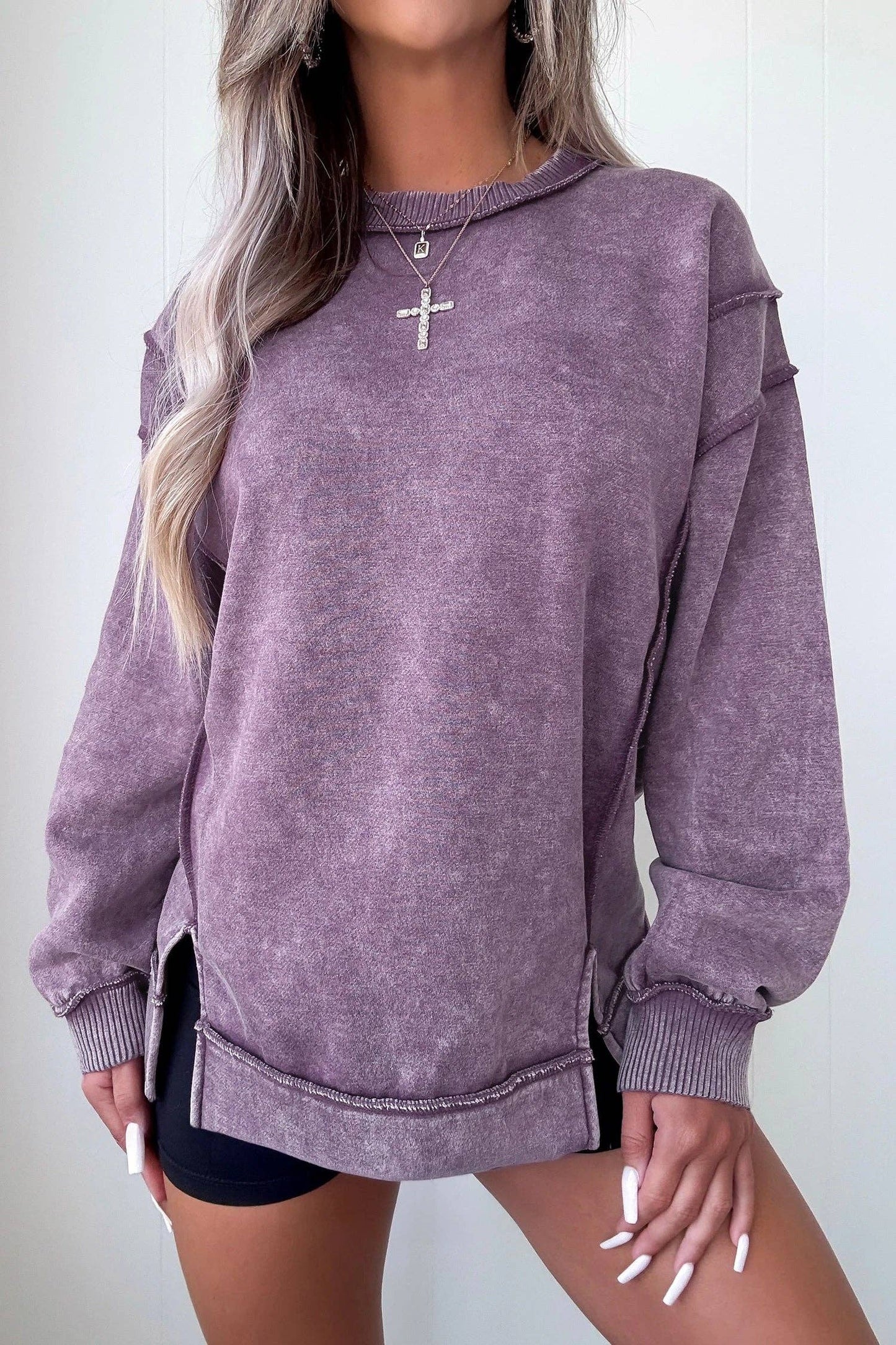 Mineral Wash Exposed Seam Sweatshirt Side Slit Casual Pullover: Red Sandalwood