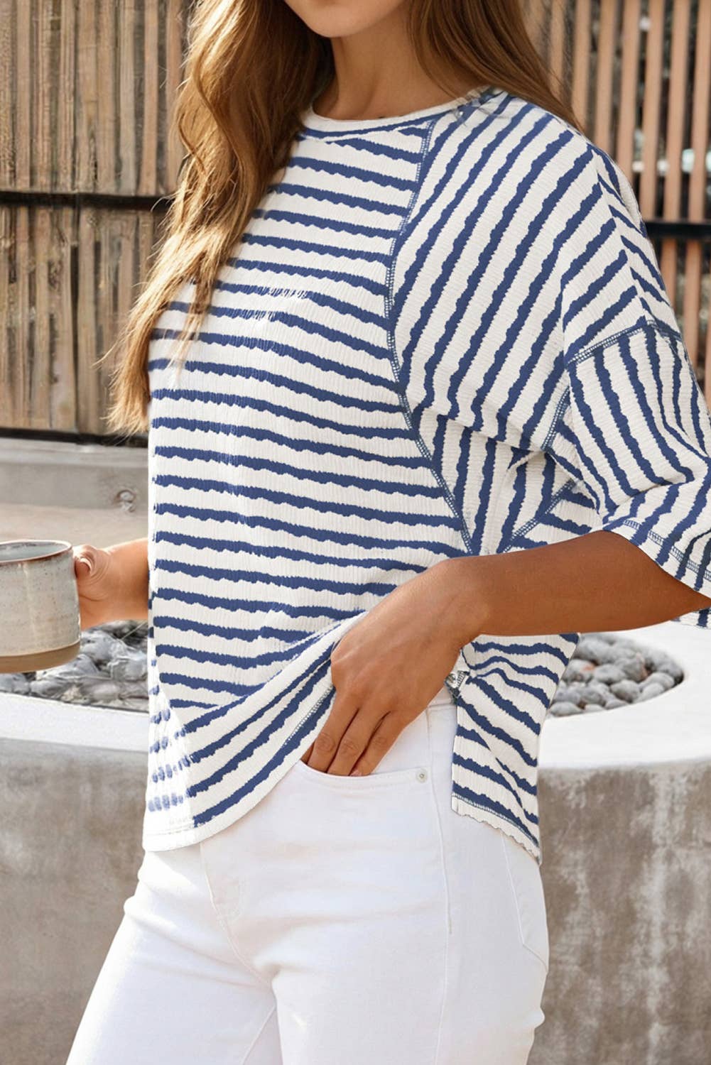 Stripe Textured Knit Split Hem Half Sleeve Loose Top