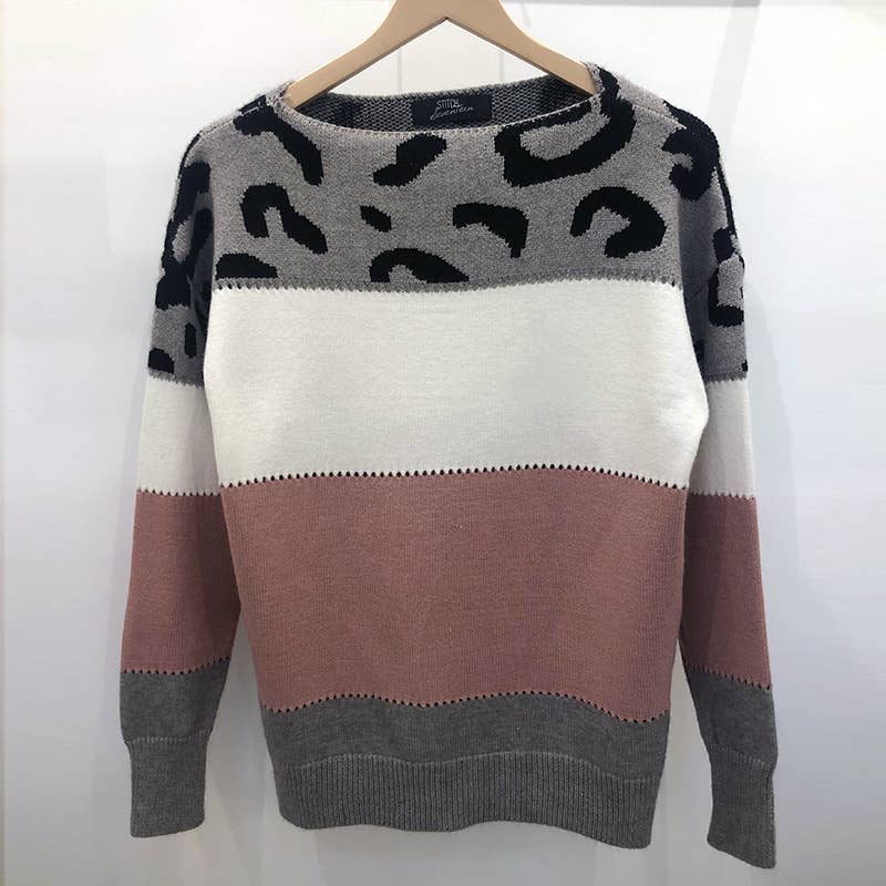 COLOR-MATCHING LEOPARD PRINT CREW NECK SWEATER: PINK / (XL) 1