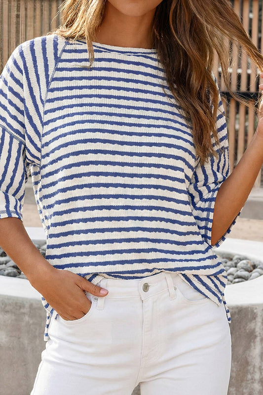 Stripe Textured Knit Split Hem Half Sleeve Loose Top