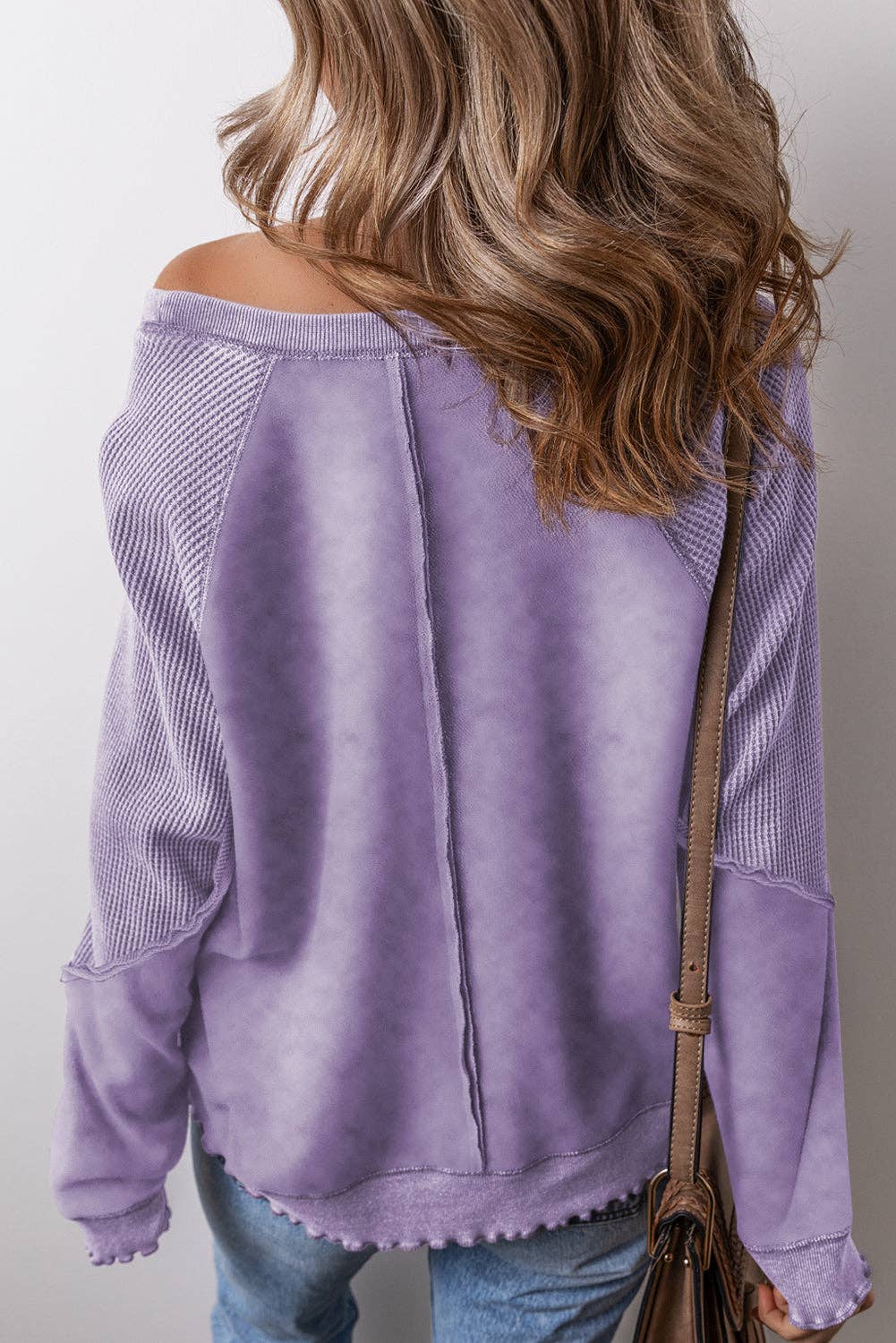 Solid Waffle Knit Patchwork Raglan Sleeve Sweatshirt: Mineral Blue