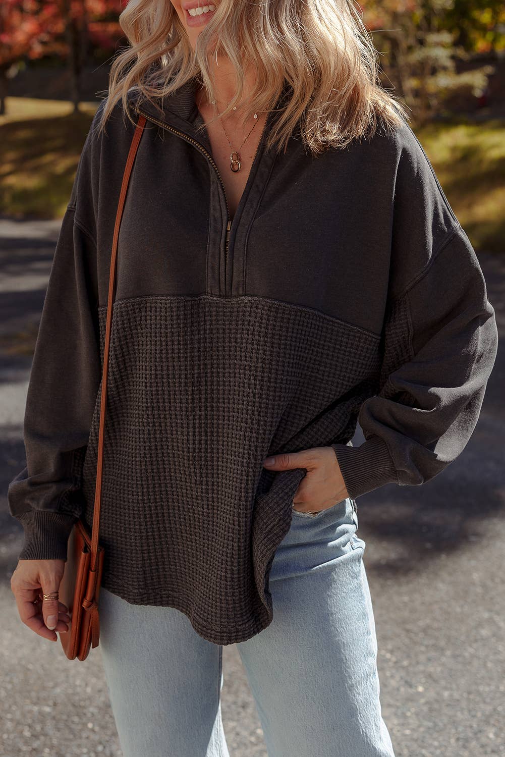Waffle Textured Patchwork Zip Colloar Sweatshirt