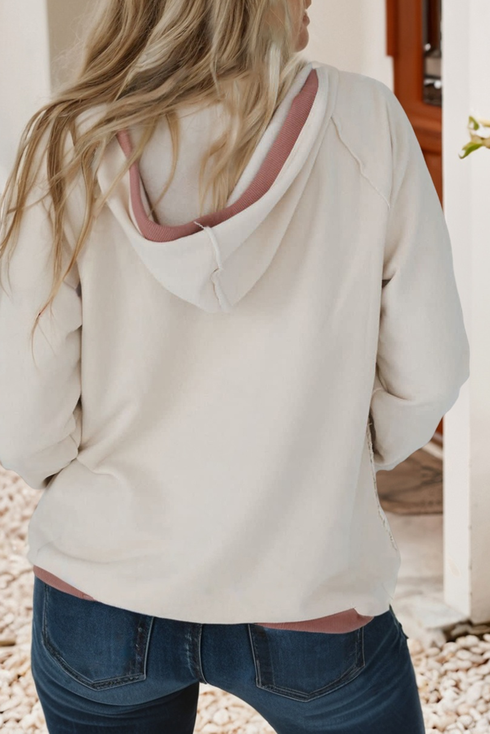 LDC Trim Crochet Knit Patchwork Exposed Seam Hoodie: White