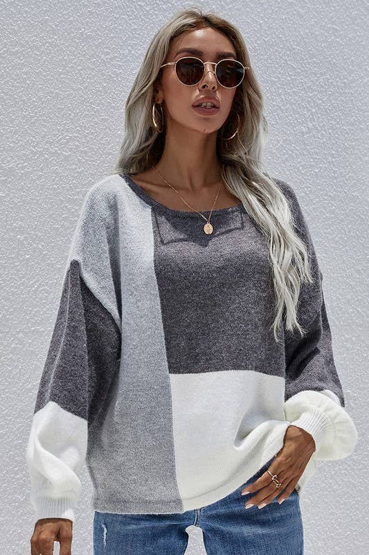 CWTTL0405_COLOR BLOCK ROUND NECK SWEATER TOP: Grey / (XL) 1