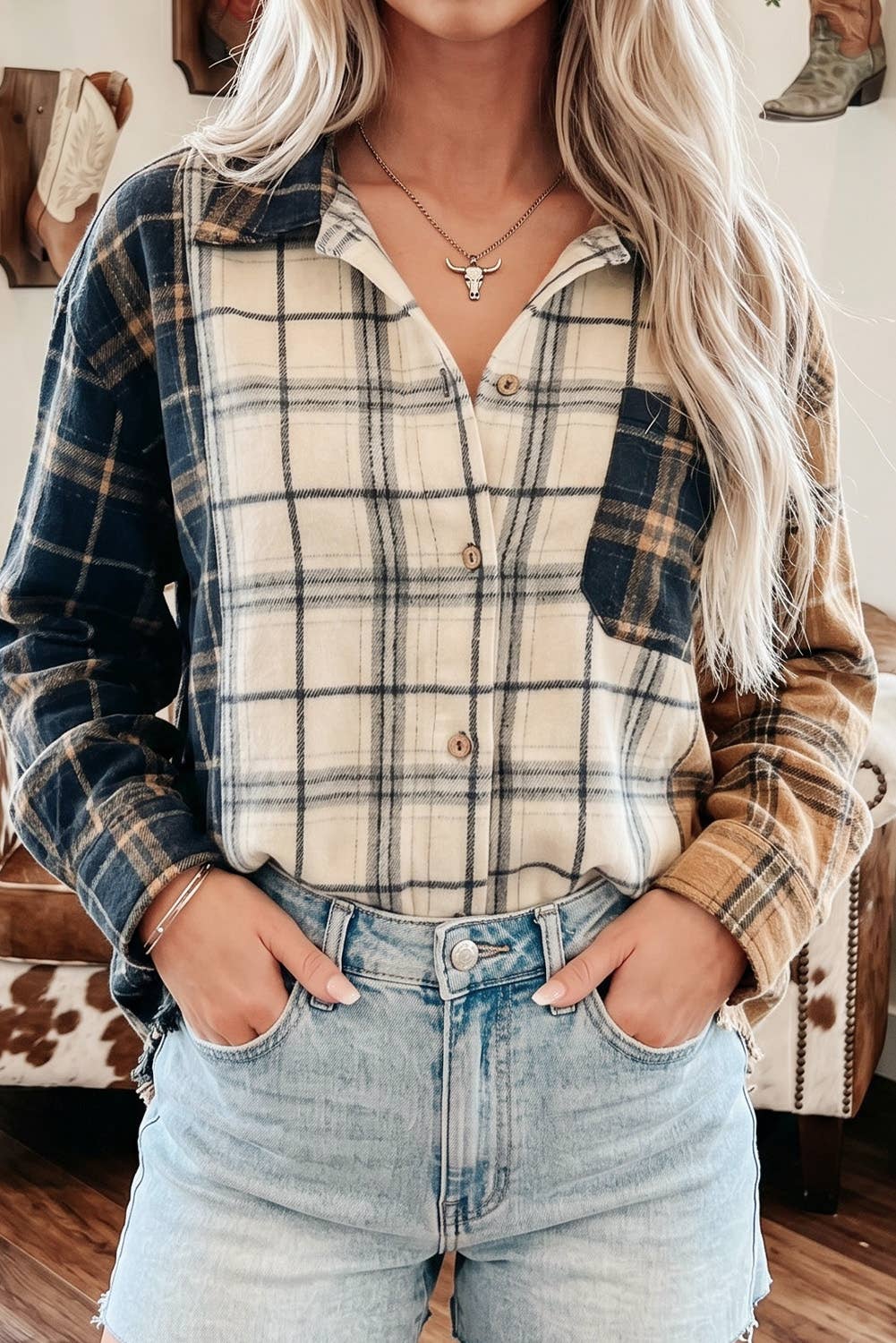 LDC Plaid Button-Up Long Sleeve Shift Silhouette Shacket: Multicolour