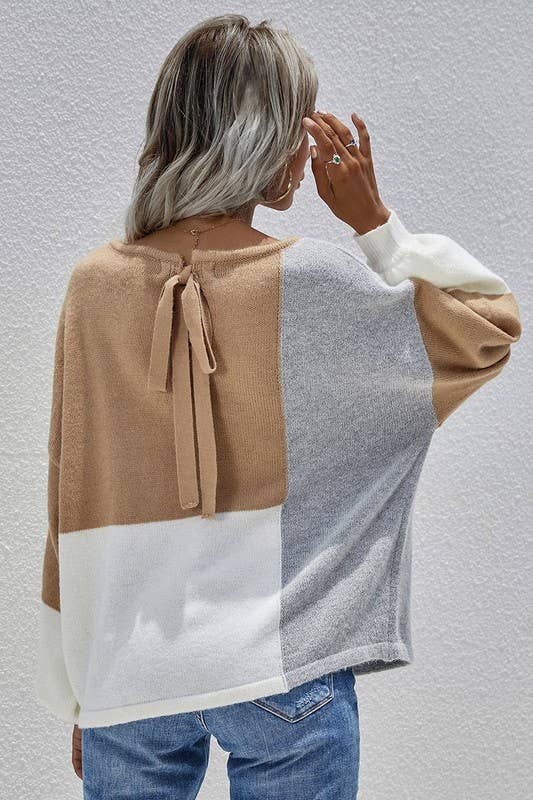 CWTTL0405_COLOR BLOCK ROUND NECK SWEATER TOP: Grey / (XL) 1