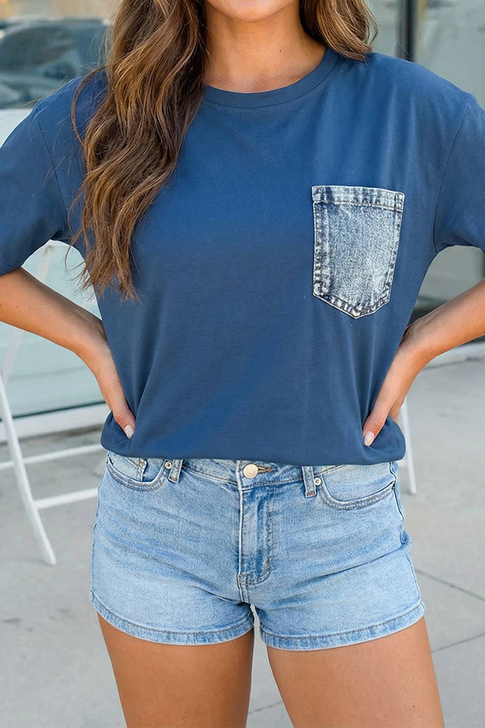 Denim Chest Pocket Patched Casual Short Sleeve Top (S-XL): Sail Blue / Missy / XL