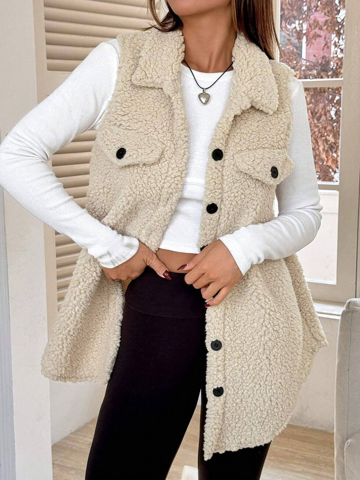 Loose elegant lapel button-down plush waistcoat: BROWN / (L) 1