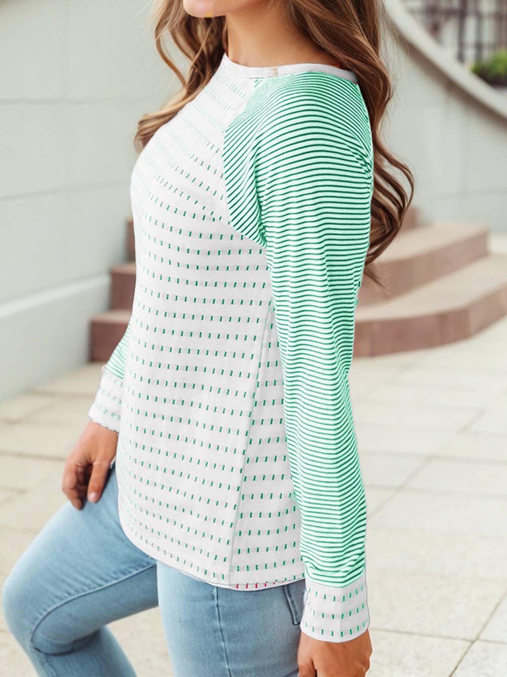 Raglan Patchwork Long Sleeve Tee: Green Stripe