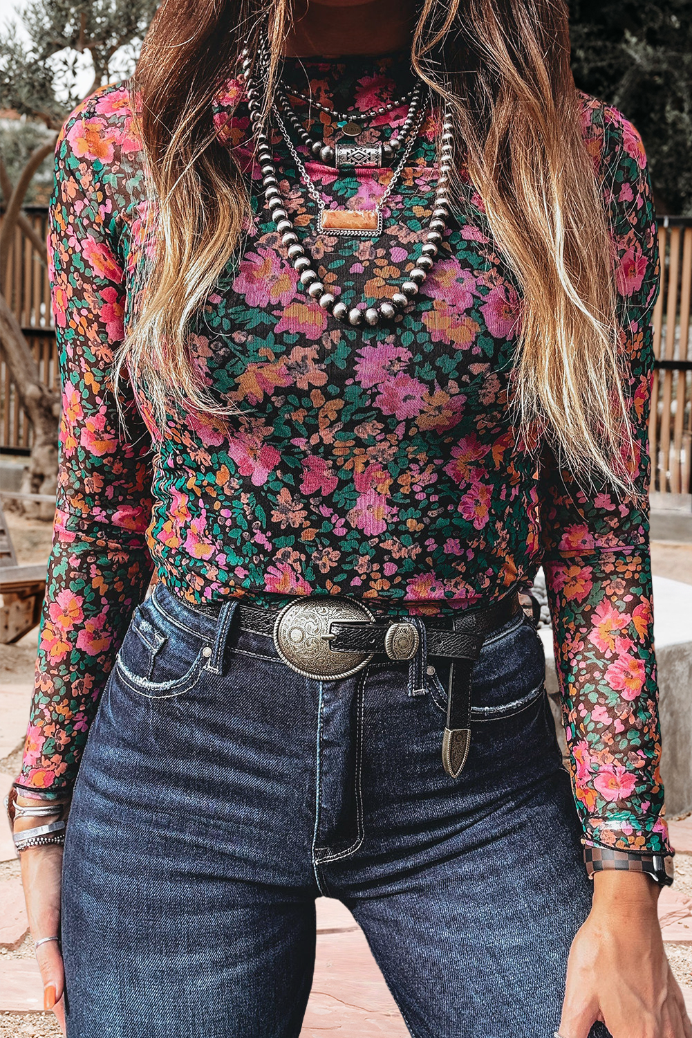 Floral Print Mesh Mock Neck Sheer Slim Fit Blouse (S-4X): Western / L
