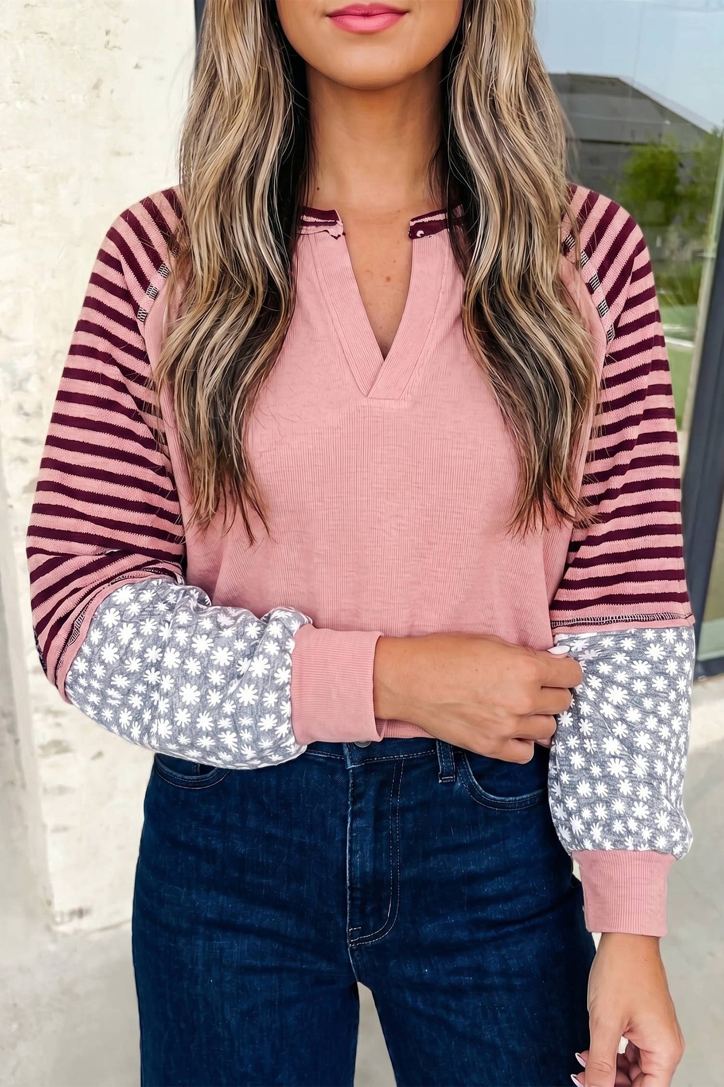 Striped Print Floral Long Sleeve Casual Top