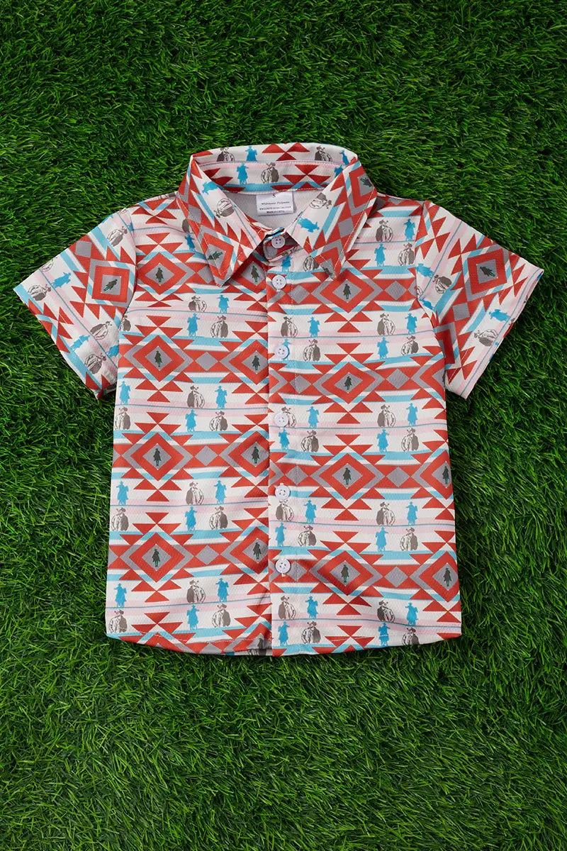RIDING HORSE A COWBOY PRINTED BUTTON UP