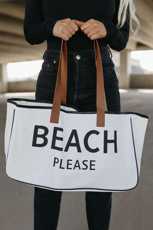 Ryan Beach Please Canvas Tote: 19in x 8.5in x 5in / White
